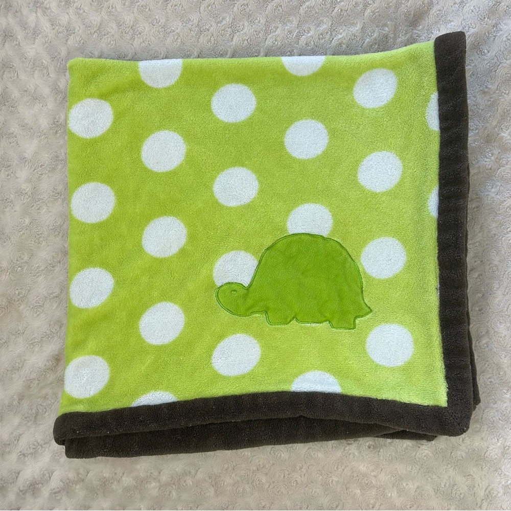 Elegant Baby Turtle Blanket Green White Polka Dots Brown Edge Lovey